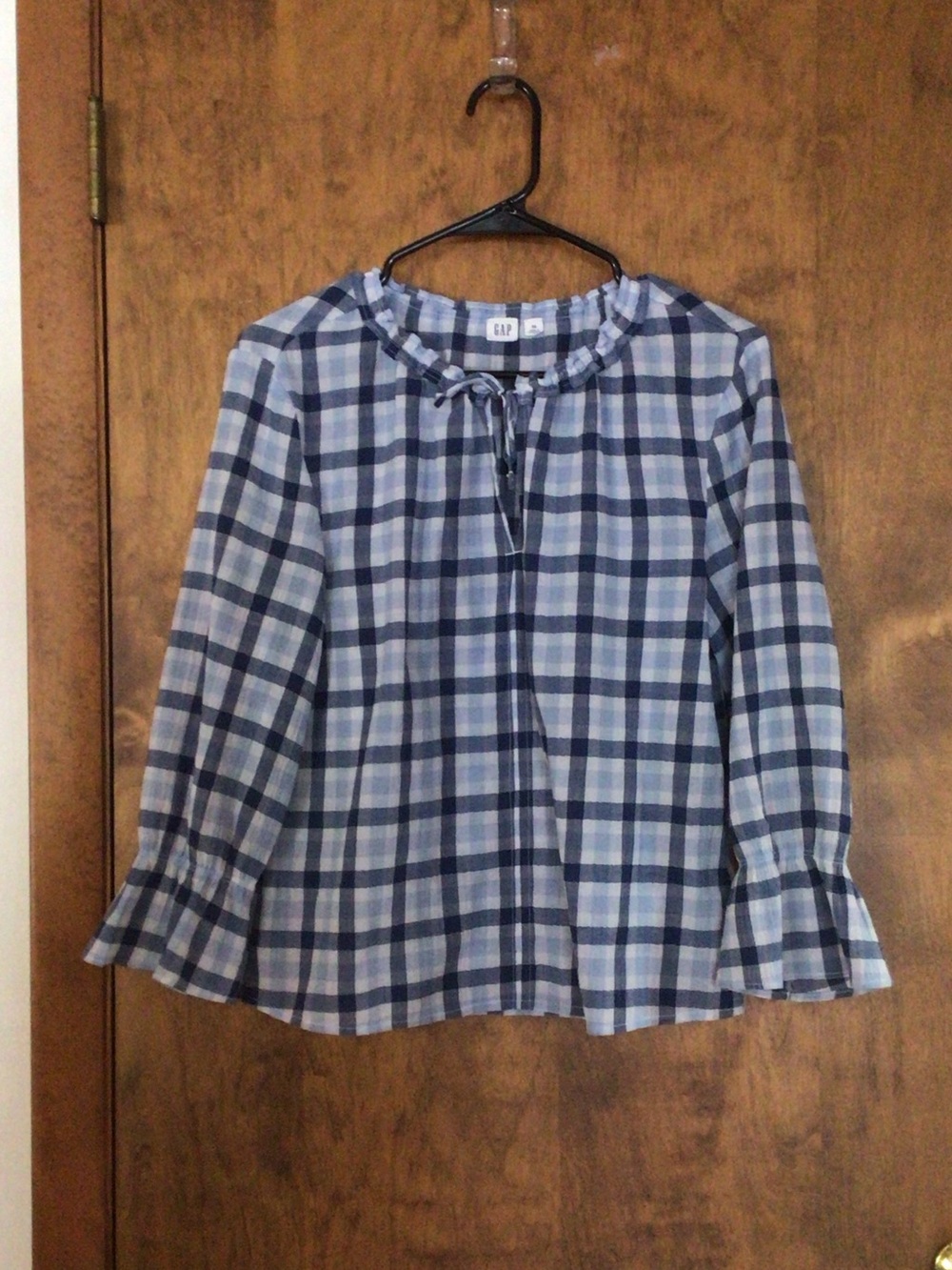 GAP Navy and Light Blue Plaid Tie-Neck Blouse